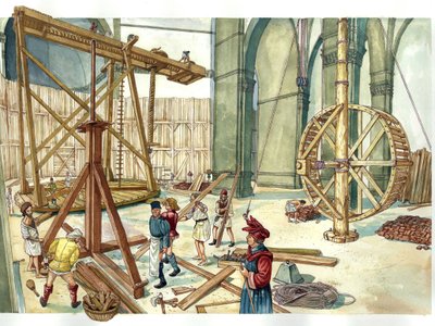 Renæssance: Rekonstruktion af byggepladsen for kuplen i kirken Santa Maria del Fiore (Duomo) efter tegninger af arkitekten Filippo Brunelleschi. 1436. Firenze Italien Illustration af Giorgio Albertini. (Brugen af denne forfatters værker er ikke tilladt. af Giorgio Albertini