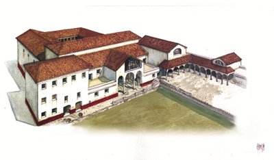 Roman Antiquite: Rekonstruktion af stedet for havportens domus (domus di porta marina) i Ostia antica (det gamle Ostia) i det 4. århundrede, Italien. af Giorgio Albertini