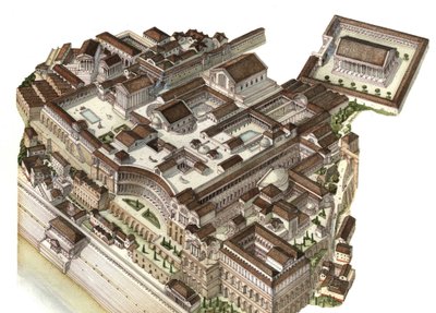 Romersk antikvitet: Rekonstruktion af Palatinerbjerget (Glue Palatino) i det 4. århundrede, hvor skiftende kejsere (Augustus, Nero, Severe Septime) byggede deres respektive paladser. Rom Italien af Giorgio Albertini