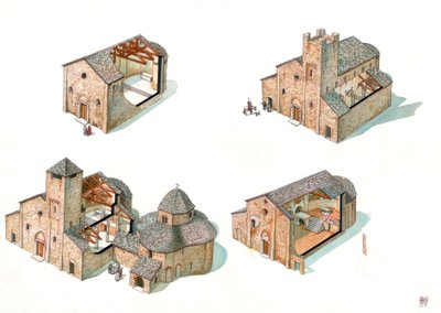 Romansk kunst: beskrivelse af byggefaserne med sektioner, der giver mulighed for at se fremskridtene på byggepladsen og det indre af klosteret St. Vincent de Galliano, herunder basilikaen San Vincenzo (Saint Vincent) og Baptistere. af Giorgio Albertini