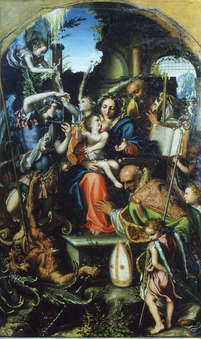 Hellig familie med Sankt Michael Ærkeenglen og Djævelen, der kæmper om sjæle, Sankt Bernhard og af Giorgio Gandini del Grano