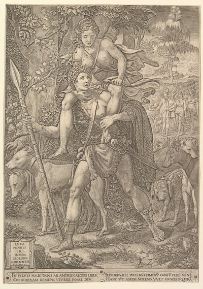 Allegory of the Hunt, en jæger, der holder et stort spyd med en kvinde Diana på sit shou..., 1556. af Giorgio Ghisi