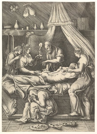 En allegori om sygdom, mand, der lægger sig på en seng omgivet af figurer, ca. 1540. af Giorgio Ghisi