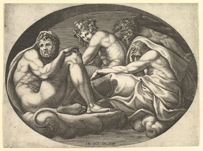 Hercules, Bacchus, Pan og Saturn, fra en serie på otte kompositioner efter Francesco P..., 1560
