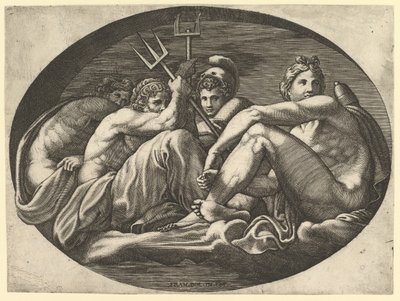 Pluto, Neptun, Minerva og Apollo, fra en serie på otte kompositioner efter Francesco P..., 1560