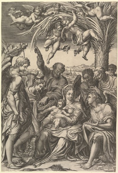 Hvil på flugten til Egypten, den hellige familie under et palmetræ omgivet af engle, sat..., 1578. af Giorgio Ghisi