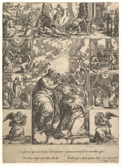 Jomfruens kroning, omgivet af ni vignetter med scener fra livet til..., i 1575. af Giorgio Ghisi