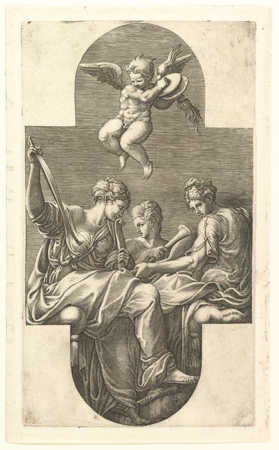 Three Muses and a Putto with Cymbals, en korsformet komposition, fra en serie på otte kom..., 1560