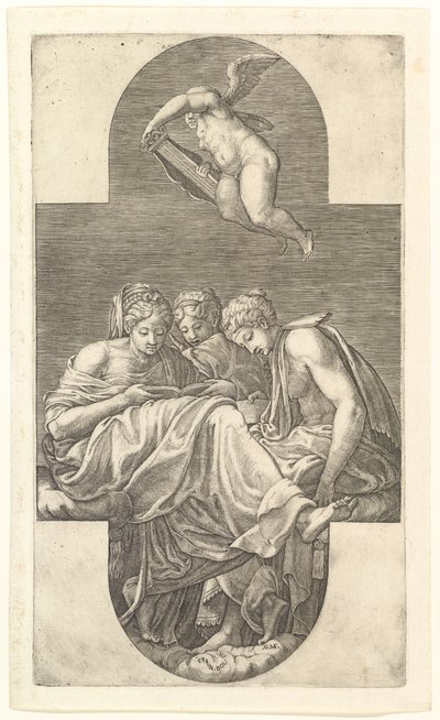 Three Muses and a Putto with a Lyre, en korsformet komposition, fra en serie på otte komp..., 1560