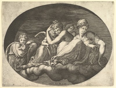 Venus og Amor, To andre gudinder og en Putto, fra en serie på otte kompositioner af..., 1560