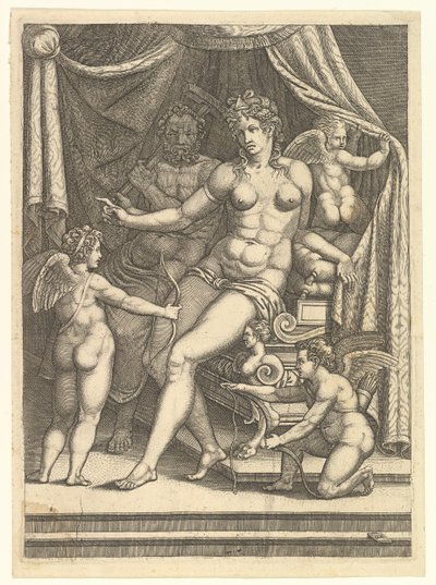 Venus og Vulcan siddende på en seng og tre putti, midten af 1550