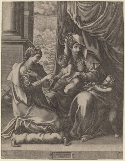 Sankt Catherines mystiske ægteskab af Giorgio Ghisi after Francesco Primaticcio