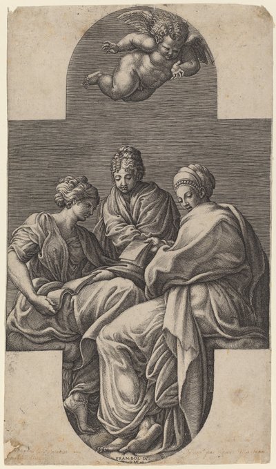 Tre muser og en gestusende putto af Giorgio Ghisi after Francesco Primaticcio
