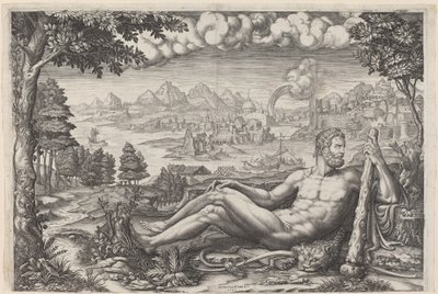 Hercules hviler fra sit arbejde af Giorgio Ghisi after Giulio Romano