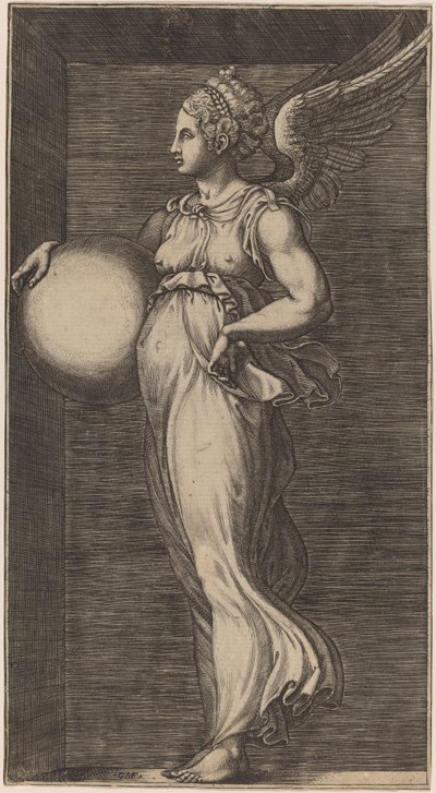 Allegorisk figur, der holder en kugle af Giorgio Ghisi possibly after Giulio Romano