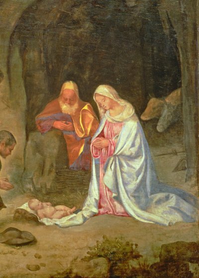 Tilbedelse af hyrderne, detalje fra den hellige familie, ca. 1510 (panel) (detalje af 68685) af Giorgio Giorgione