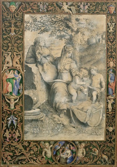Kant til et oplyst manuskript omkring en tegning efter Rafaels Den hellige familie under egetræet (tilskrevet Clovio), af Giorgio Giulio Clovio