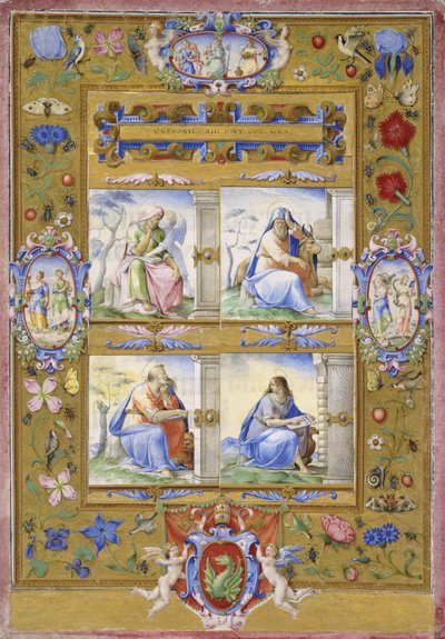 De fire evangelister, inden for en grænse af blomster, fugle og insekter, 1572 af Giorgio Giulio Clovio