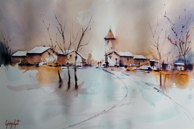 Snowy Village Kirke af Giorgio Gosti