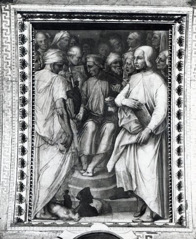 Cosimo de Medici sidder blandt filosoffer og kunstnere i Sala di Cosimo il Vecchio af Giorgio Vasari