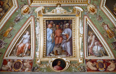 Detalje af værelset til Cosimo de Medicis, der repræsenterer sig selv med kunstnere og intellektuelle (fresko af Giorgio Vasari