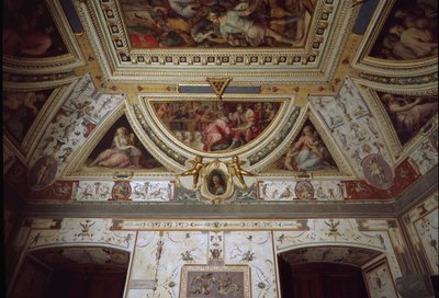 Detalje af Lorenzo il Magnificos værelse, der repræsenterer hans besøg i Napoli (fresko af Giorgio Vasari