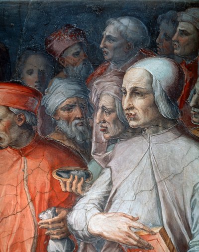 Marsilio Ficino flankeret af Paolo del Pozzo Toscanelli, detalje af Cosimo den Ældre blandt filosoffer og kunstnere af Giorgio Vasari