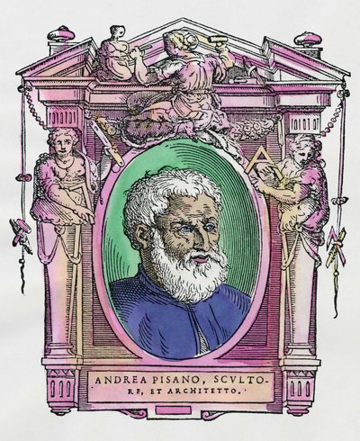 Portræt af Andrea Pisano (1290-1349) italiensk billedhugger og arkitekt. Gravering af godbidden "" Livet af de mest fremragende malere, billedhuggere og arkitekter "" (Le Vite de