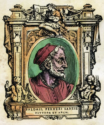 Portræt af Baldassarre Peruzzi (1481-1536) Sienesisk arkitekt og maler Gravering fra "The Lives" af Giorgio Vasari (1511-1574) 1568 © Fototeca Gilardi / Leemage af Giorgio Vasari