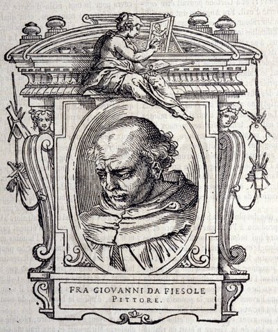 Portræt af Beato Angelico dit Fra Angelico (Guido Di Pietro Da Mugello) 1390-1455, italiensk maler. I "" De bedste italienske billedhuggere og arkitekters liv""" af Giorgio Vasari 1568. af Giorgio Vasari