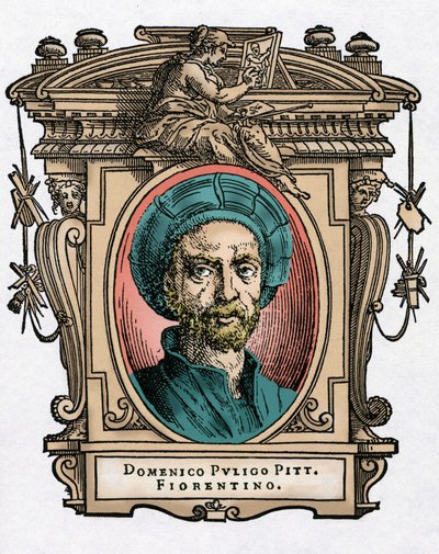 Portræt af Domenico PULIGO [1492-1527] italiensk maler. Gravering af godbidden "" Livet af de mest fremragende malere, billedhuggere og arkitekter "" (Le Vite de