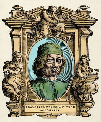 Portræt af Francesco FRANCIA (1450-1517) italiensk maler. Gravering af afhandlingen "" De mest fremragende malere, billedhuggere og arkitekters liv" (Le Vite de
