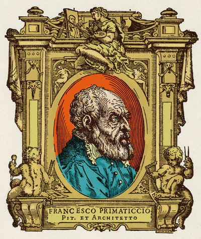 Portræt af Francesco Primaticcio kendt som The Primatice (1504-1570) maler, billedhugger og arkitekt. Han var medlem af Ecole de Fontainebleau. Gravering af godbidden "" Livet af de mest fremragende malere, billedhuggere og arkitekter "" (Le Vite de