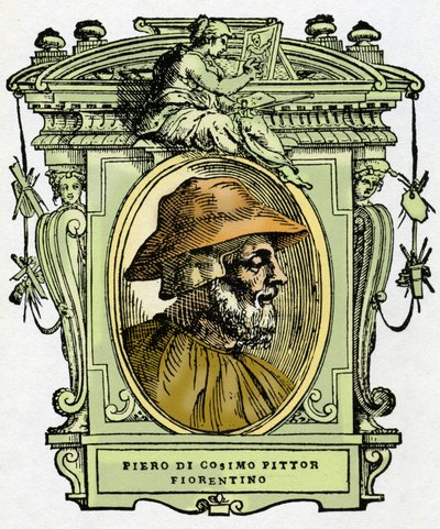 Portræt af Piero di Cosimo (ca. 1462-1521?), florentinsk maler. Gravering af godbidden "" Lives of the most excellent malers, sculptors and architects "" (The Lives of the most excellent malere, billedhuggere og arkitekter) af Giorgio Vasari af Giorgio Vasari