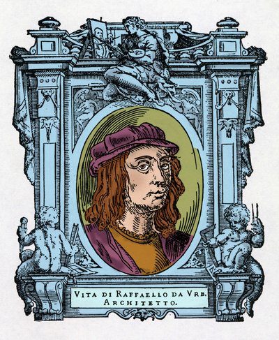 Portræt af Raphael (Raffaello Sanzio 1483 - 1520) italiensk arkitekt og maler. Gravering af godbidden "" Livet af de mest fremragende malere, billedhuggere og arkitekter "" (Le Vite de
