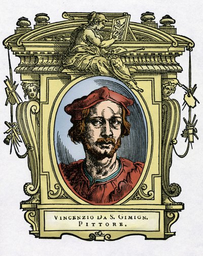 Portræt af Vincenzo TAMAGNI (Vincenzo da San Gimignano) (1492-1530) italiensk maler. Gravering af godbidden "" Livet af de mest fremragende malere, billedhuggere og arkitekter "" (The Lives of the Most Excellent Painters, Sculptors and Architects) af Giorg af Giorgio Vasari