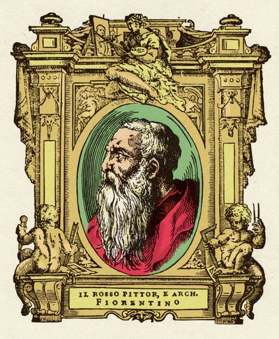 Portræt af maleren Giovanni Battista di Jacopo (Rosso Fiorentino) (1495-1540). Han var medlem af Ecole de Fontainebleau. Gravering af godbidden "" Livet af de mest fremragende malere, billedhuggere og arkitekter "" (Le Vite de