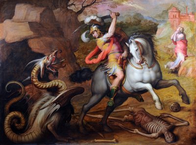 Saint George and the Dragon (St George and the Dragon) - Maleri af Giorgio Vasari (1511-1574), olie på lærred, ca. 1560 - Italiensk kunst af Giorgio Vasari