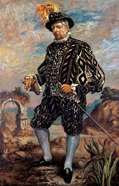 Selvportræt i sort 1600-tals kostume af Giorgio de Chirico