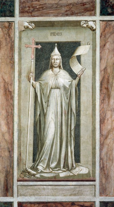 Tro, kvindeskikkelse, der holder korset og et rullesymbol på den åbenbarede sandhed, mens de ødelægger et afgud og står på symboler på kabbalaen, af Giotto, cyklus af freskoer De laster og dyder, efter restaurering, Scrovegni Chapel, Padua, Veneto, Italien af Giotto (c.1266 1337)