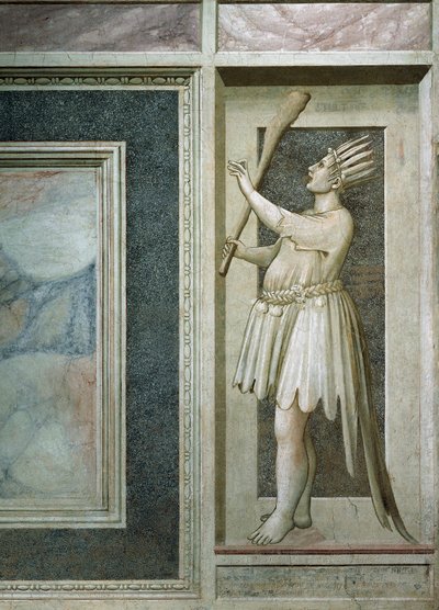 Tåbelighed, mandsfigur med mund lukket af en lås, en kølle i højre hånd, hoved dækket af fjer og påfuglehale, af Giotto, detalje fra freskoernes cyklus The Vices and Virtues, efter restaurering i 2002, Scrovegni Chapel, Padua, Veneto , Italien. af Giotto (c.1266 1337)