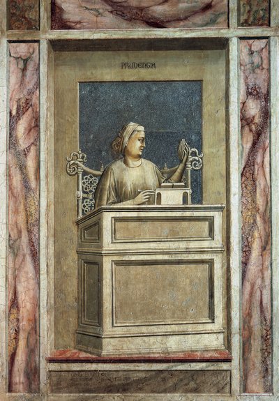 Forsigtighed, kvindeskikkelse, der sidder ved et skrivebord, kigger på fortiden for at lære af erfaringer og læser en bog for at lære fremtiden, af Giotto, cyklus af freskomalerier The Vices and Virtues, efter restaureringen, Scrovegni Chapel, Padua, Venet af Giotto (c.1266 1337)