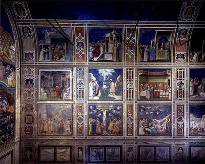 Udsigt over den nordlige væg med scener fra Jomfruens liv og Kristi liv, ca. 1305 (fresko) af Giotto (c.1266 1337)