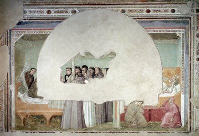 Syner om den hellige Frans af Assisis himmelfart: broren Augustin rejser sig fra sin seng, mens biskoppen stadig ligger i det nære rum, hjulpet af to tjenere ved foden af sengen-freskoen, ca. 1325 af Giotto (c.1266 1337)