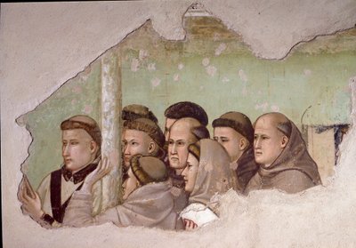 Episode af Saint Francois af Assisis liv: "" Saint Francois viser sig for Fra Agostino og til en eveque"" Detalje, der repræsenterer en gruppe franciskanermunke. Fresco af Giotto da Bondone af Giotto di Bondone