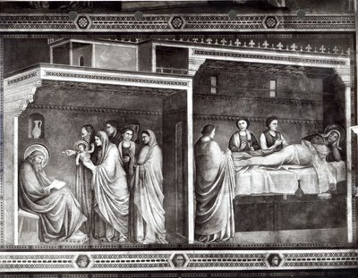 Johannes Døberens fødsel og hans far Zacharias skriver hans navn af Giotto di Bondone