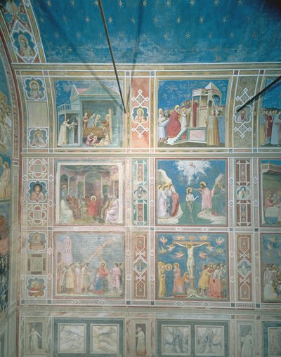 Udsigt over freskerne på venstre væg, ca. 1303-05 (efter restaurering) af Giotto di Bondone