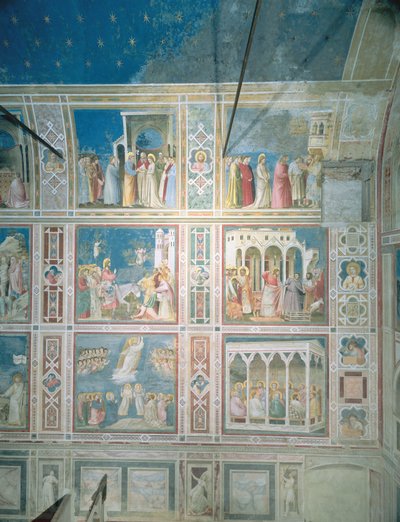 Udsigt over freskerne på venstre væg, ca. 1303-05 (efter restaurering) af Giotto di Bondone