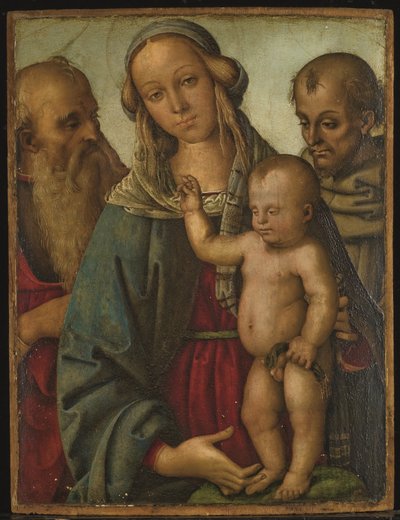 Jomfru og barn med helgenerne Hieronymus og Frans (olie på panel) af Giovan Maria di Bartolomeo Bacci di (1450 1510) Belforte