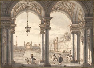 Udsigt gennem en barok søjlegang ind i en have, 1760-1768 af Giovanni Antonio Canal